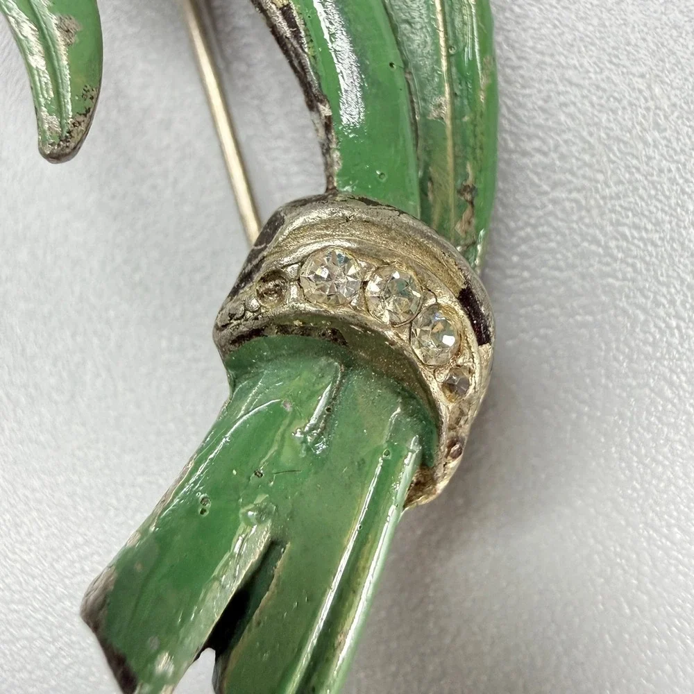 Vintage Pot Metal Enamel Flower Rhinestone Brooch 3.5